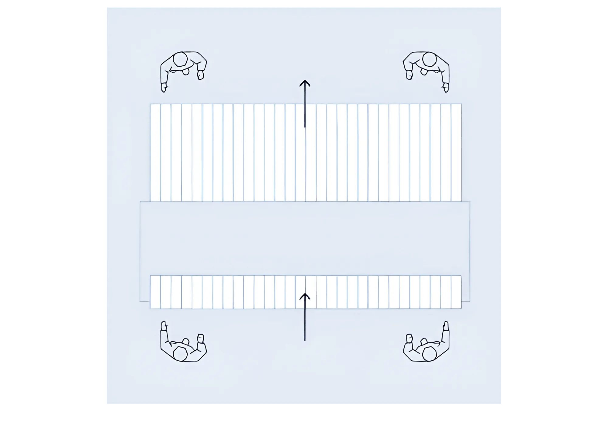 Front delivery ironer layout diagram — top-down view showing linen flow and operator positions at the ironer and folding table